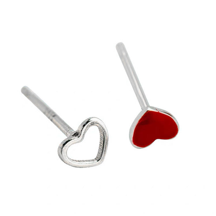 Sier Red Heart-shaped Asymmetric Hollow Mini Earrings