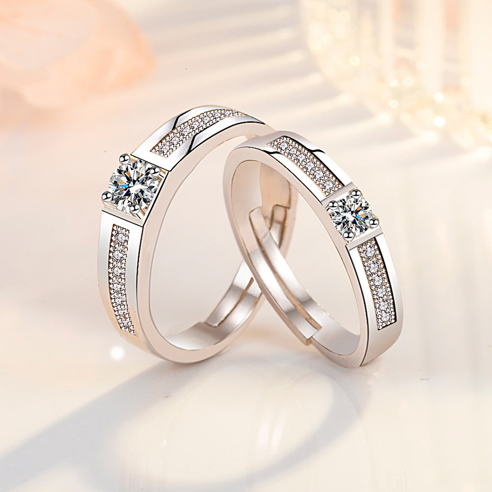 Women's & Men's Inlaid Zircon Open First Love Couple Simple Rings