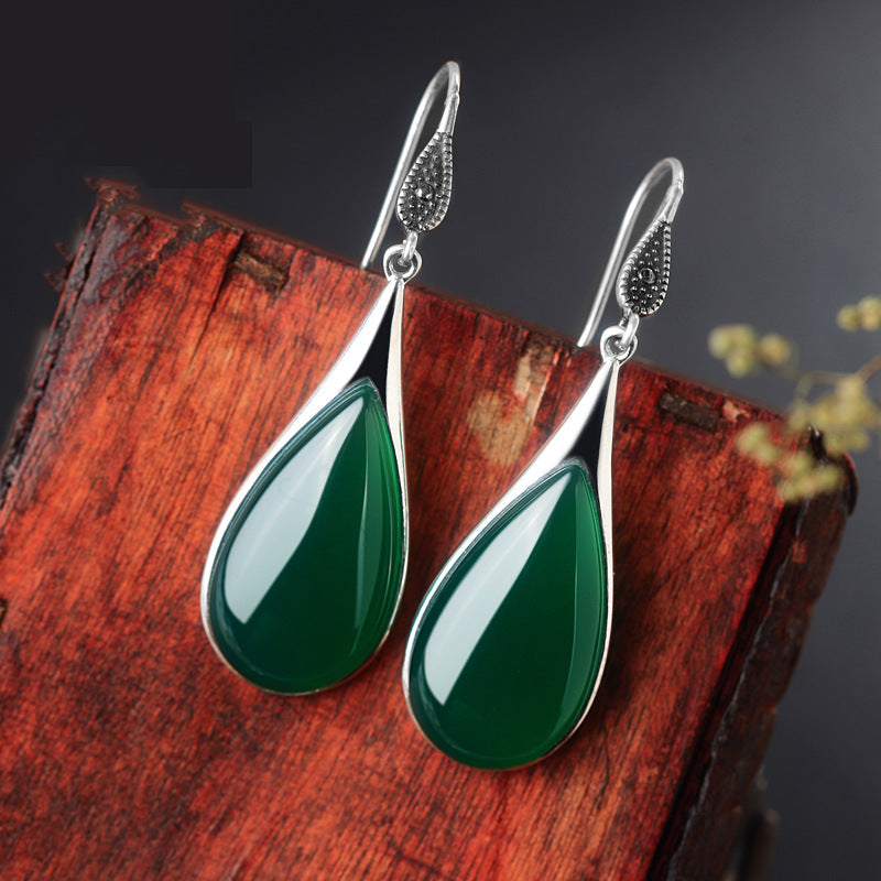 Green Chalcedony Ear Hook Vintage Drop-shaped Red Garnet Earrings