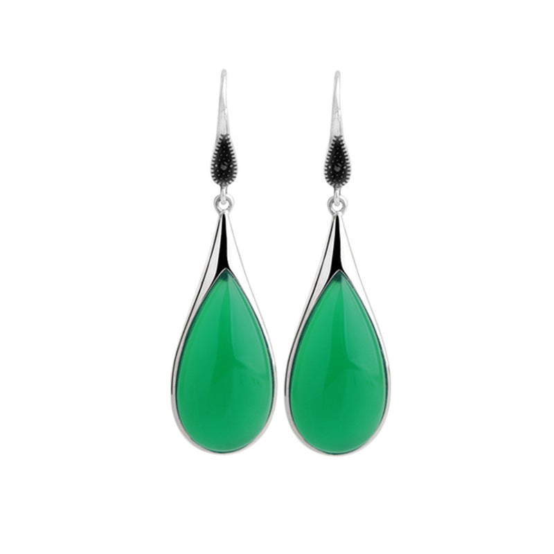 Green Chalcedony Ear Hook Vintage Drop-shaped Red Garnet Earrings