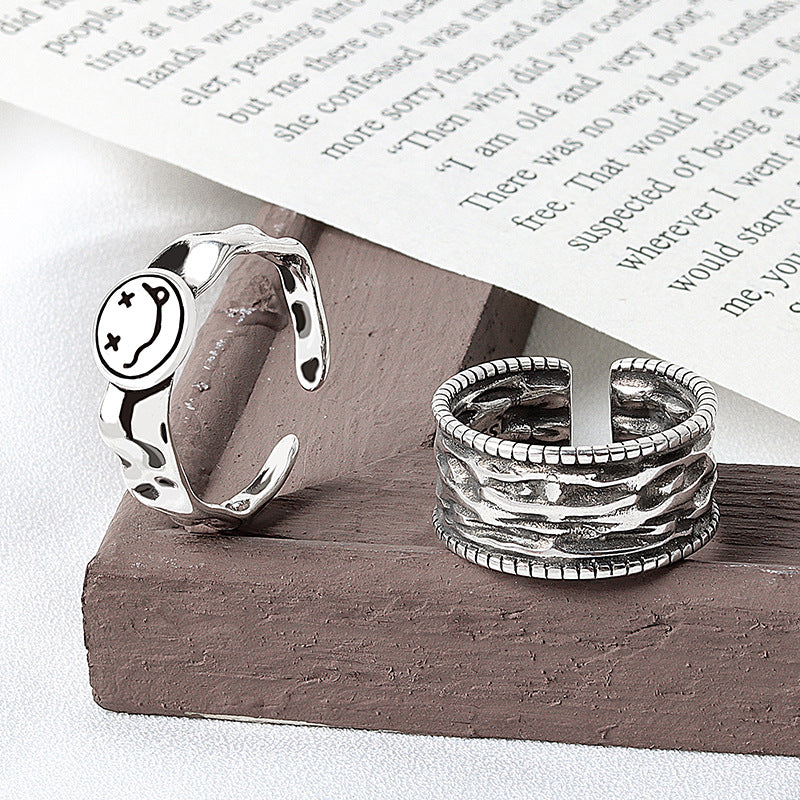 Irregular Pleated Female Smiley Face Graceful Personality Vintage Thai Rings