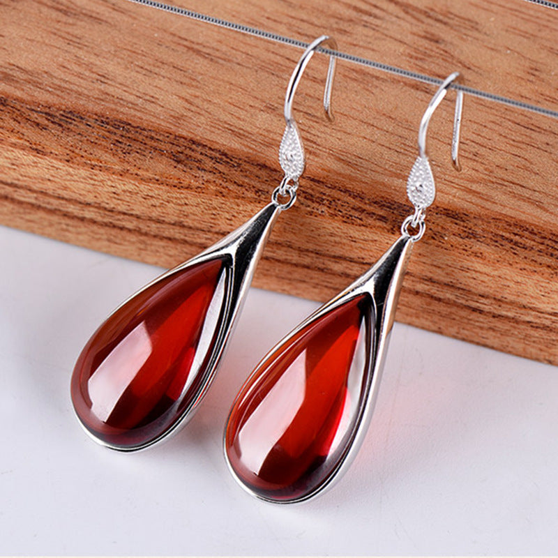 Green Chalcedony Ear Hook Vintage Drop-shaped Red Garnet Earrings