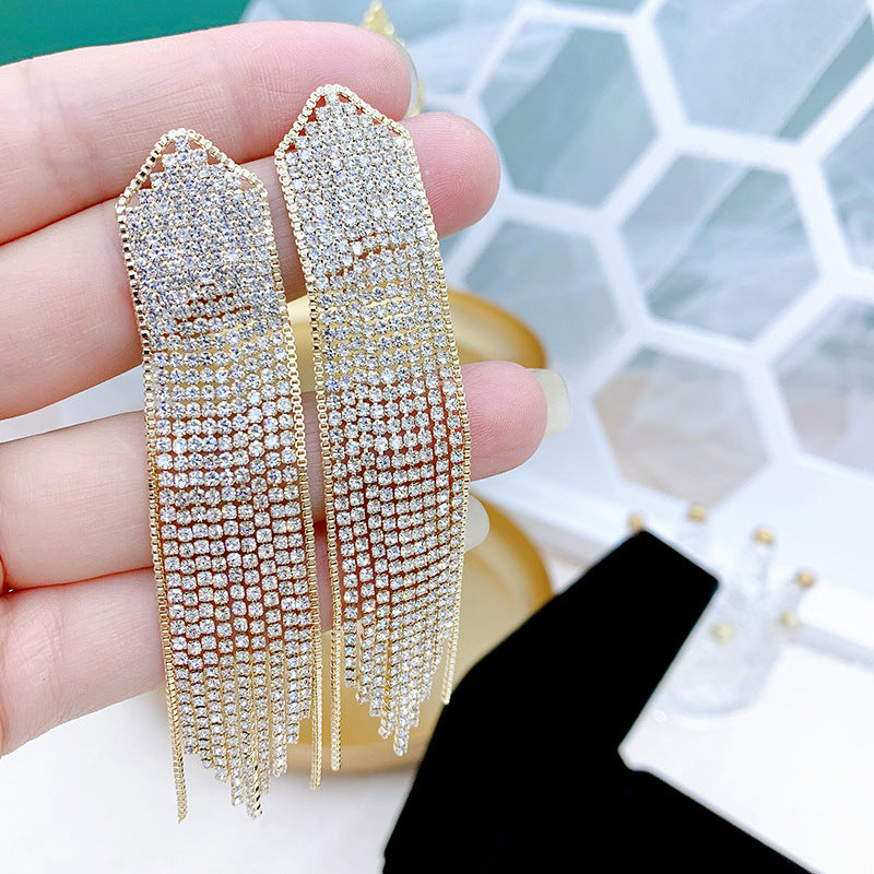 Vintage Sier Needle Full Diamond Exaggerated Personality Long Tassel Earrings