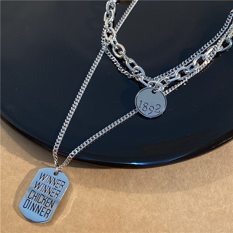Twin Round Square Plate Cold Wind Necklaces