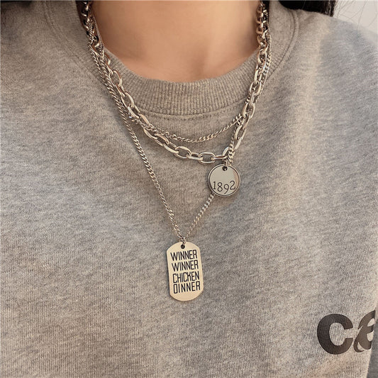 Twin Round Square Plate Cold Wind Necklaces