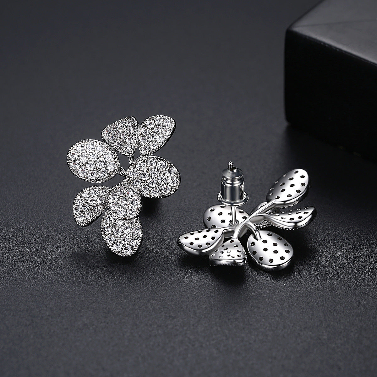 Flower Petal Micro Inlaid Zircon French Stud Earrings