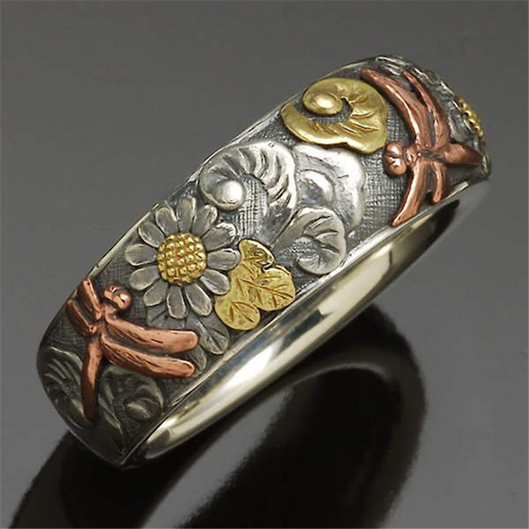 Slouchy Vintage Carved Flower Dragonfly Sunflower Rings