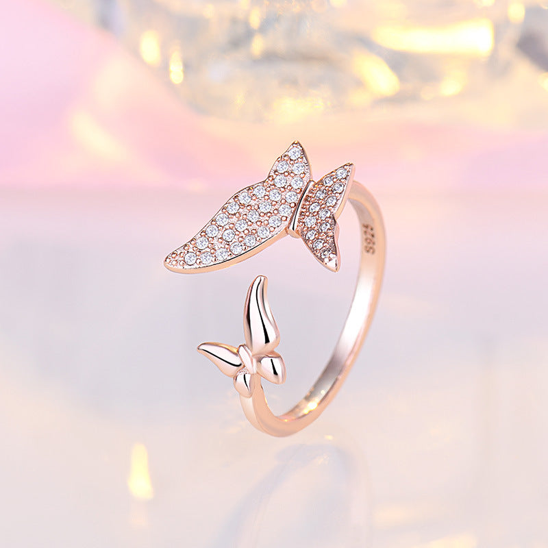 Women's Small Diamond Double Butterfly Adjustable Opening Rings