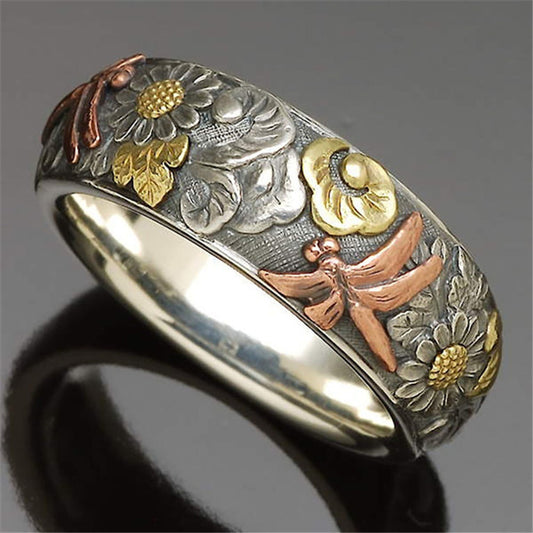 Slouchy Vintage Carved Flower Dragonfly Sunflower Rings