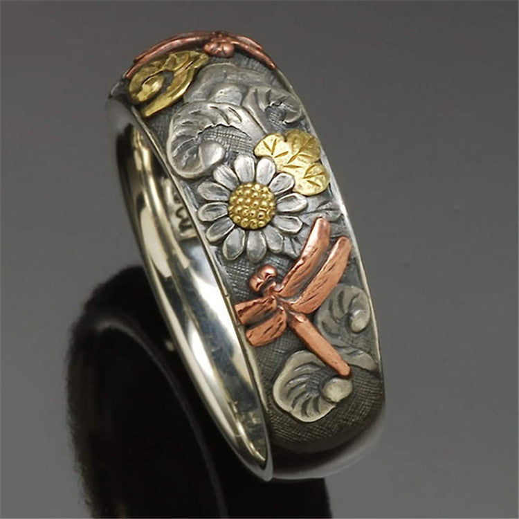 Slouchy Vintage Carved Flower Dragonfly Sunflower Rings