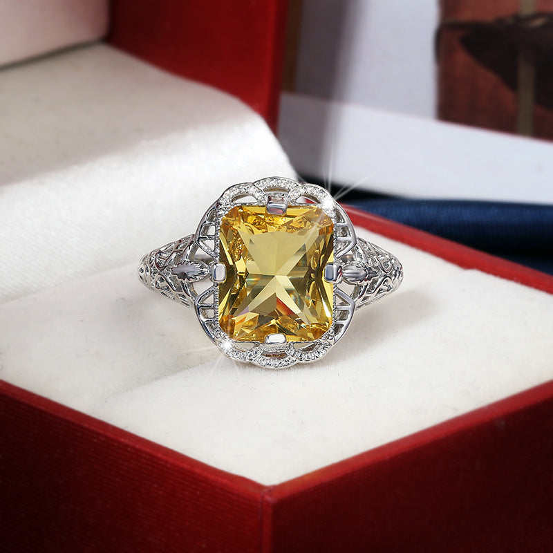 Citrine Hollow Carved Ornament Exaggerated Hand Rings