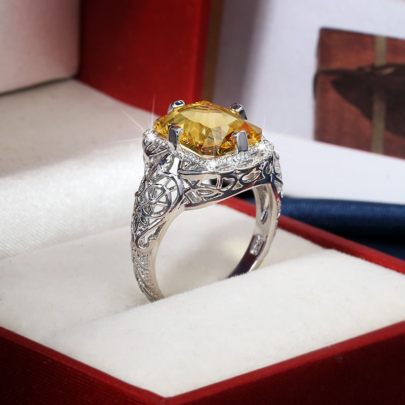 Citrine Hollow Carved Ornament Exaggerated Hand Rings