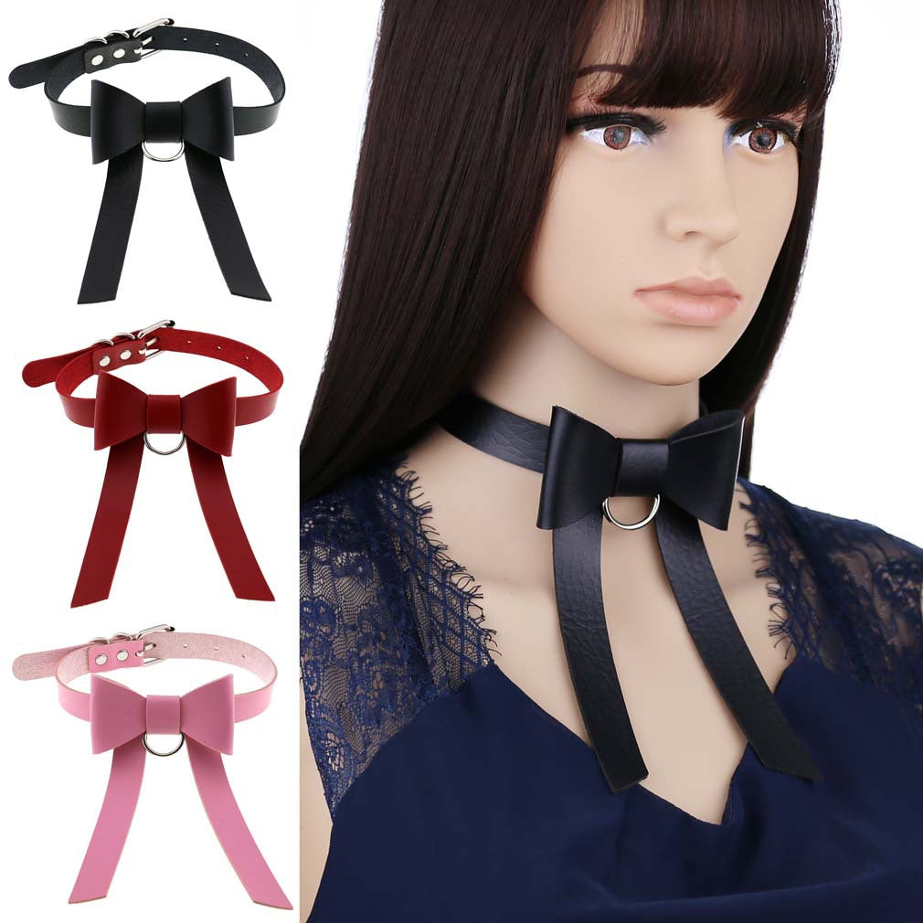Colliers de personnalité gothiques en cuir avec nœud papillon long