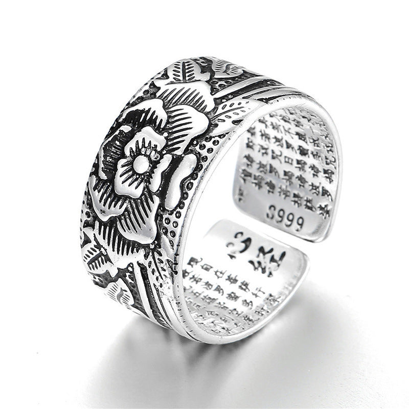 Women's & Men's Thai Sier Distressed Ornament Lotus Open Heart Sutra Rings
