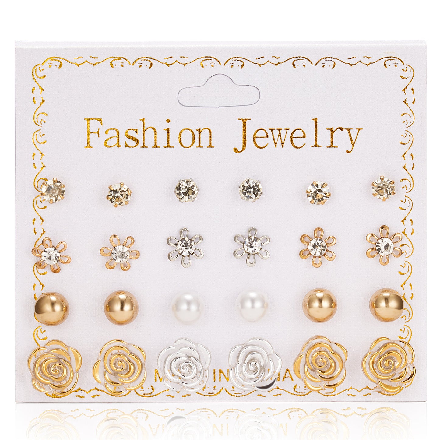 Paper Card Zircon Pearl Flower Bow Earrings