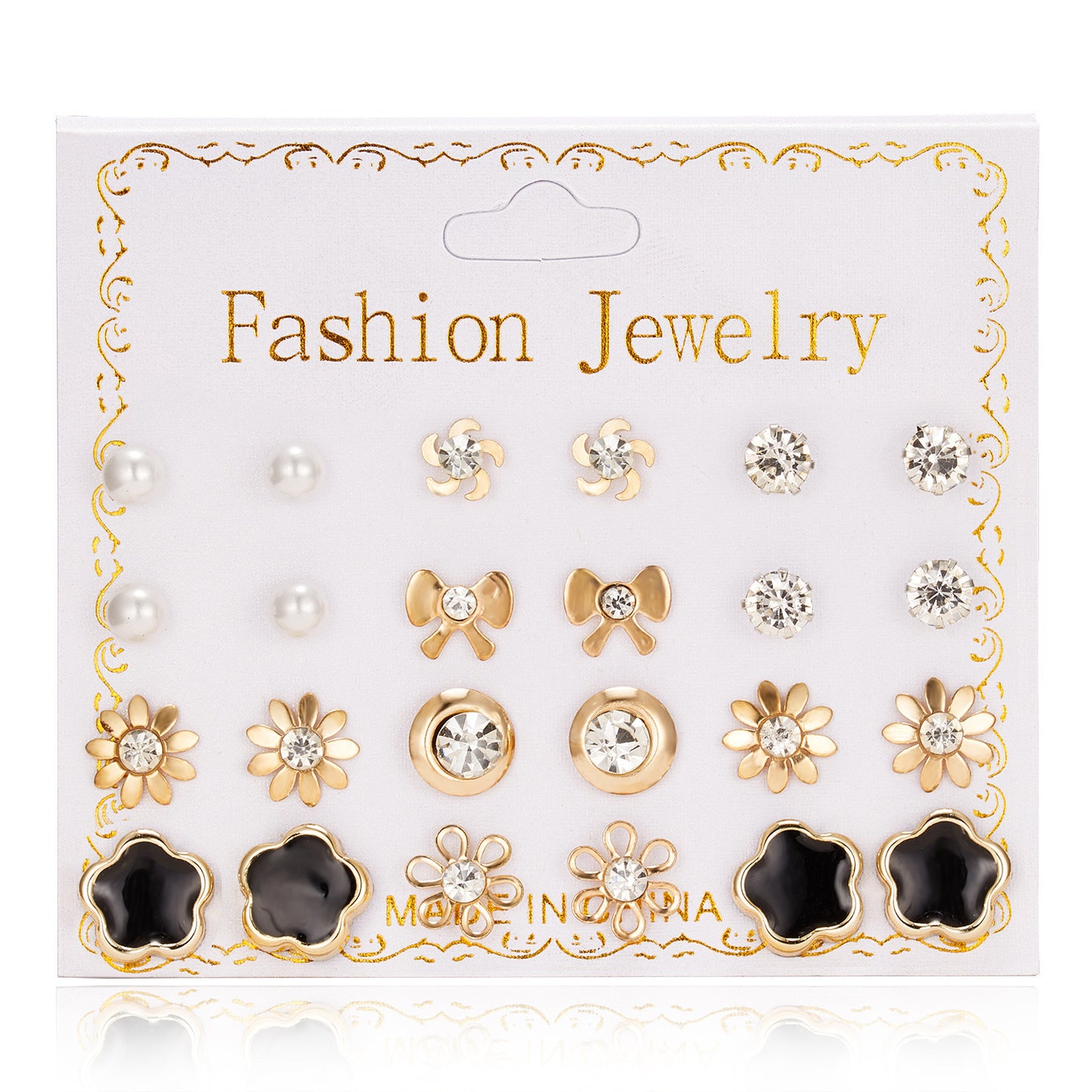 Paper Card Zircon Pearl Flower Bow Earrings