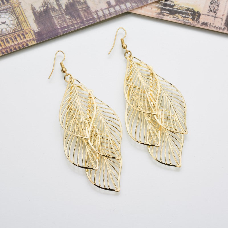 Women's Summer Fashion Metal Leaf Tassel Ear Earrings