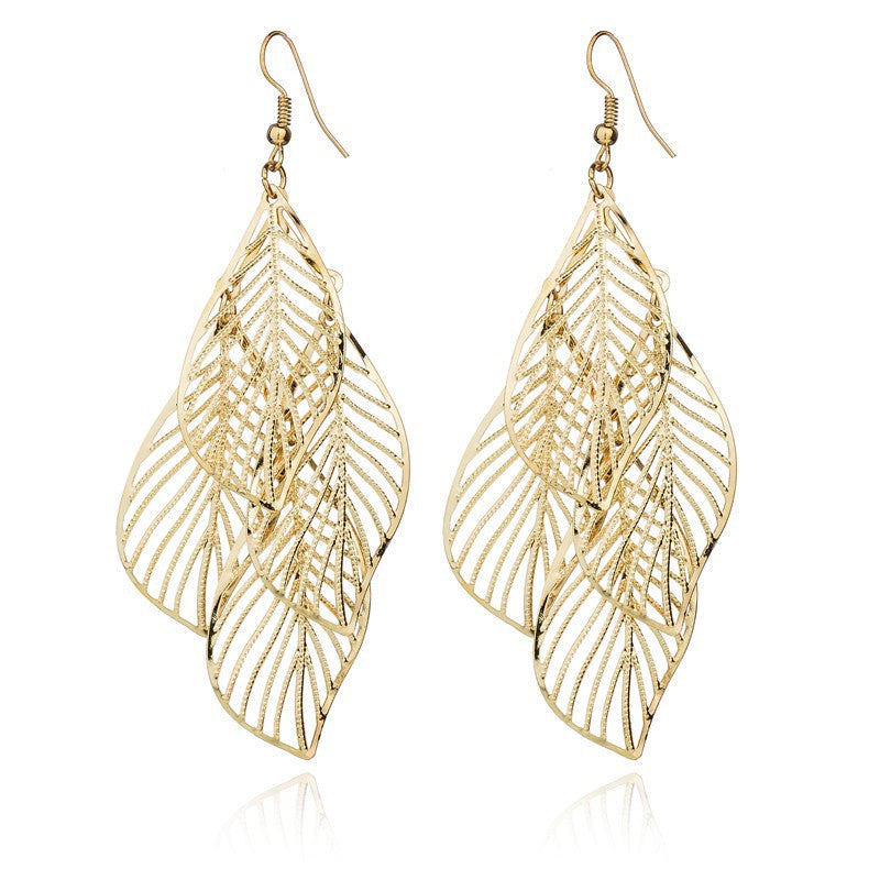 Women's Summer Fashion Metal Leaf Tassel Ear Earrings