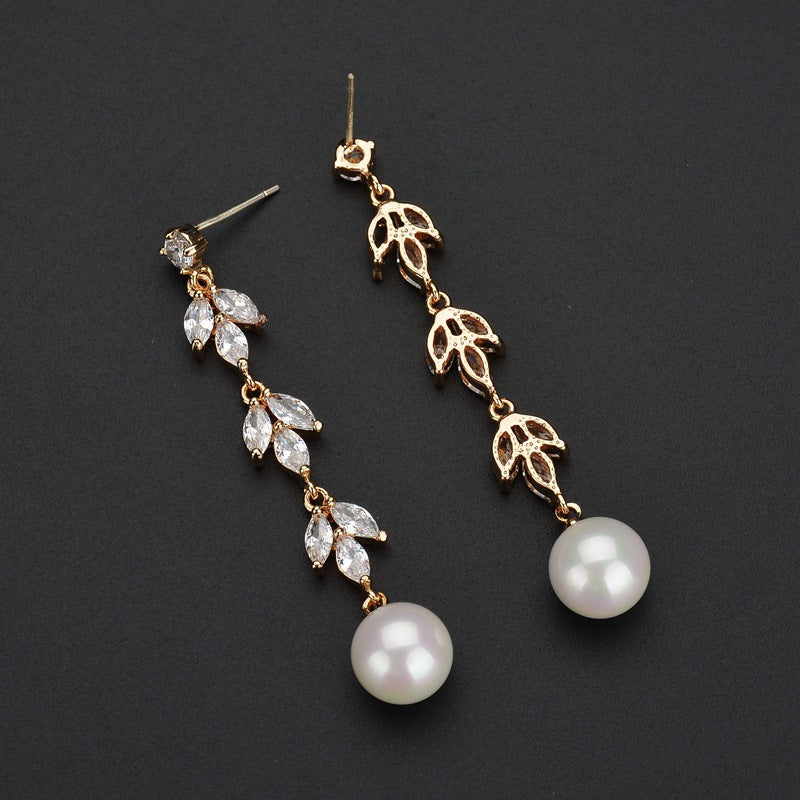 Sterling Sier Leaves Inlaid Extended Korean Style Earrings