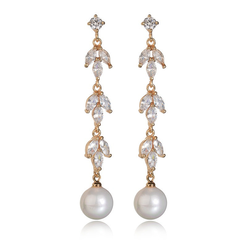 Sterling Sier Leaves Inlaid Extended Korean Style Earrings
