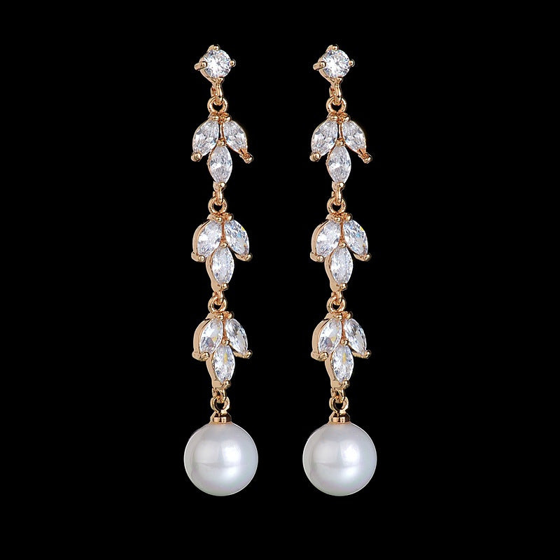 Sterling Sier Leaves Inlaid Extended Korean Style Earrings