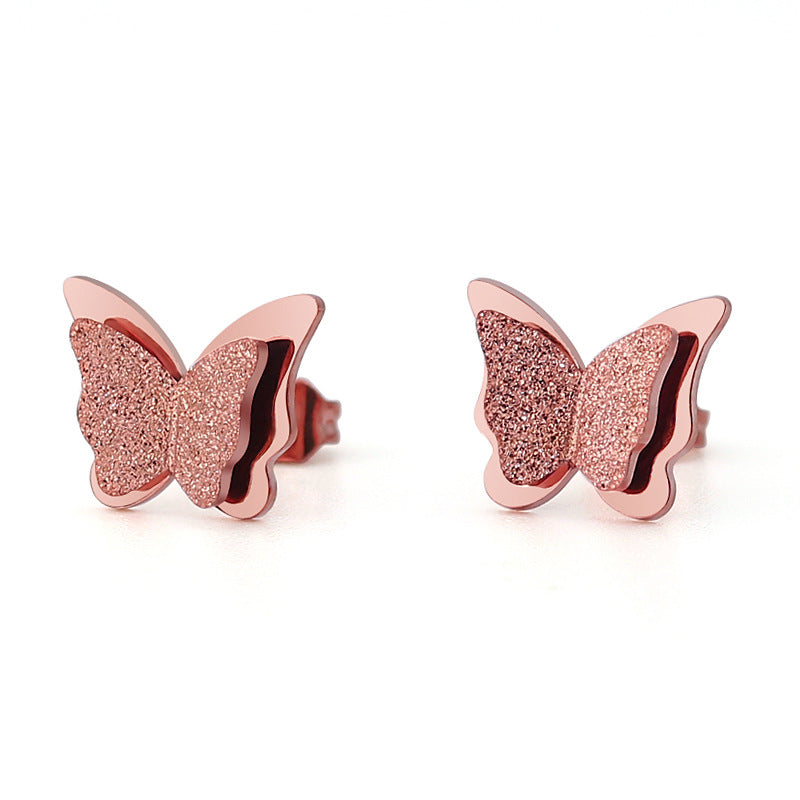 Women's Sand Pressing Frosted Butterfly Double Titanium Earrings