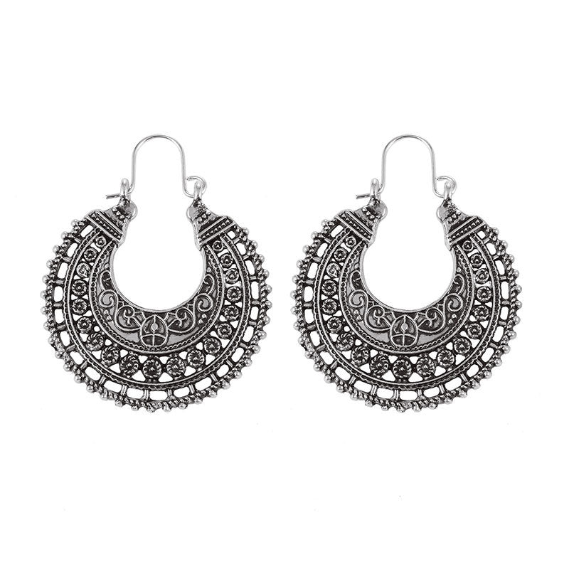 Bohemian Ethnic Style Vintage Hollow Carved Semicircle Trend Alloy Pattern Earrings