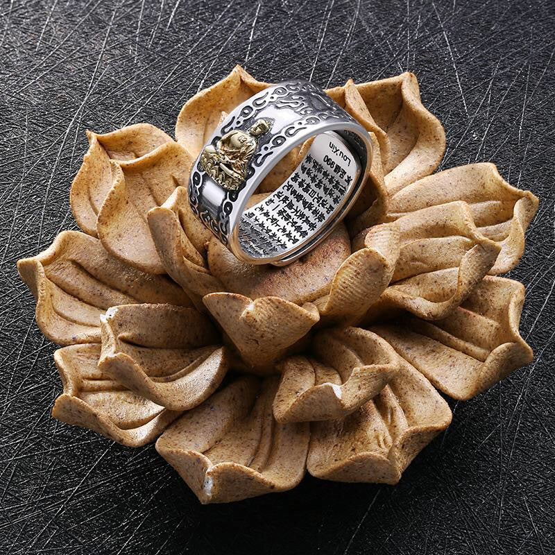 Sier Buddha Sterling Herz Sutra Sechs Worte Mantra Ringe für Herren