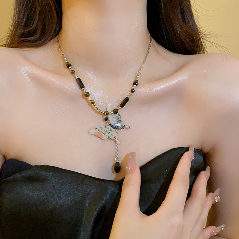 Colliers de pull en perles rétro chinois pour femmes, série Tigereye papillon