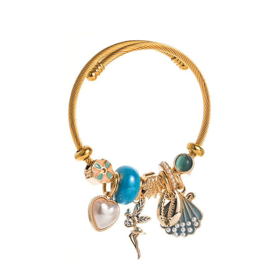 Alloy Gold Adjustable Pearl Shell Bangle Love Stainless Bracelets