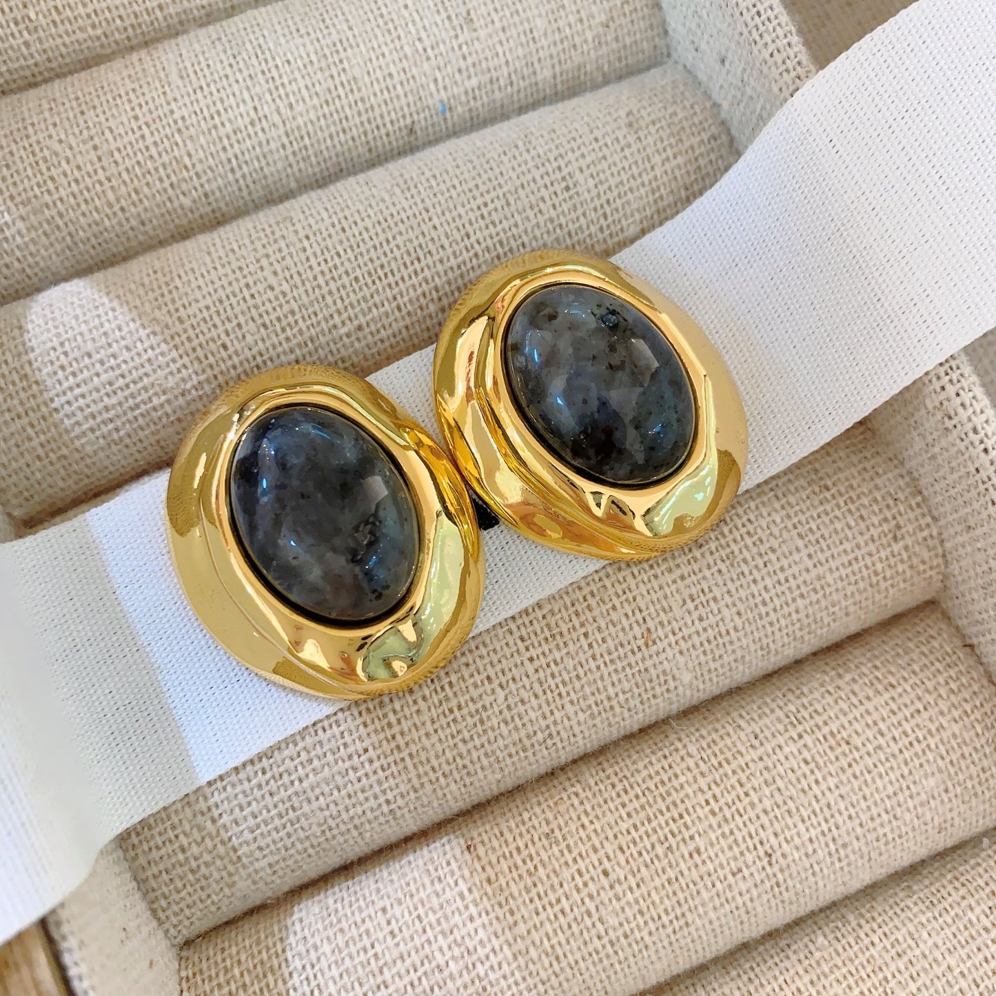 Boucles d'oreilles rétro en verre ovale doré pour femmes, Noble Sister
