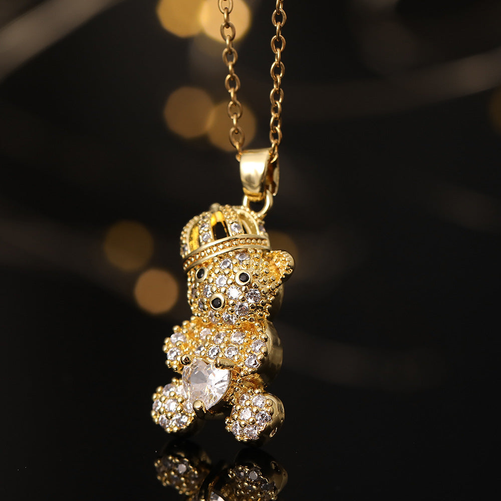 Colorful Crown Lovely Bear Pendant Copper Necklaces