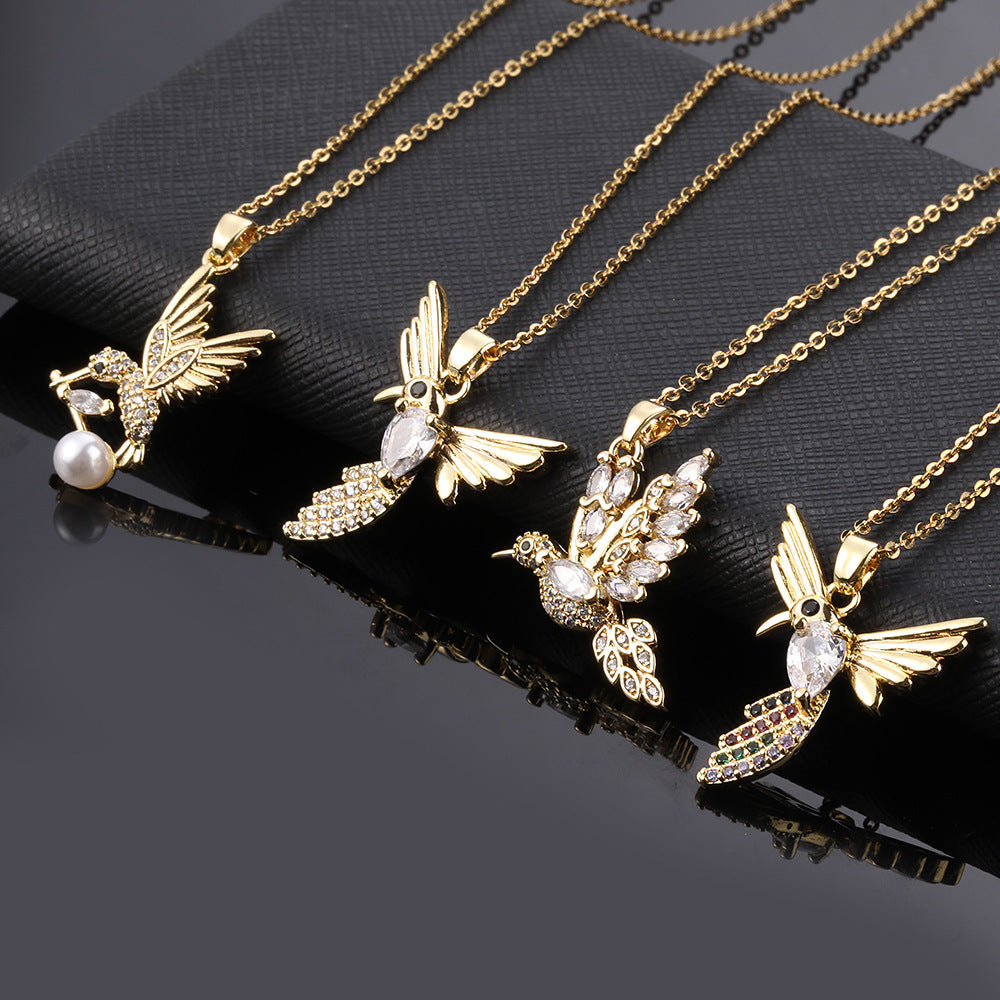 Pearl Hummingbird Pendant Female Flying Bird Titanium Necklaces