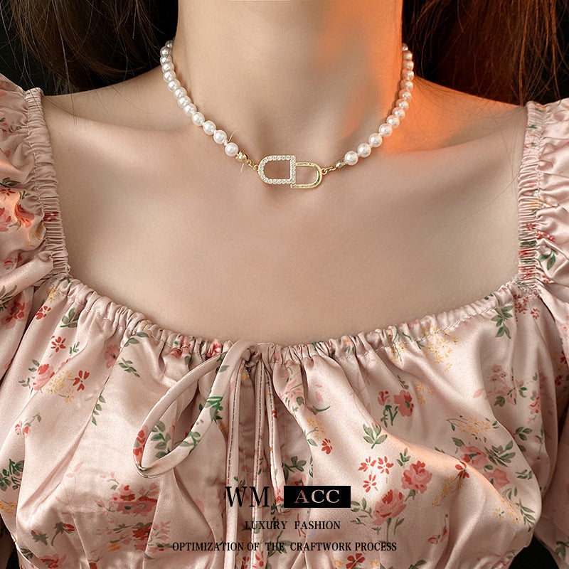 Pearl Gold Plated Zircon Letter Temperament Wild Clavicle Chain Necklaces