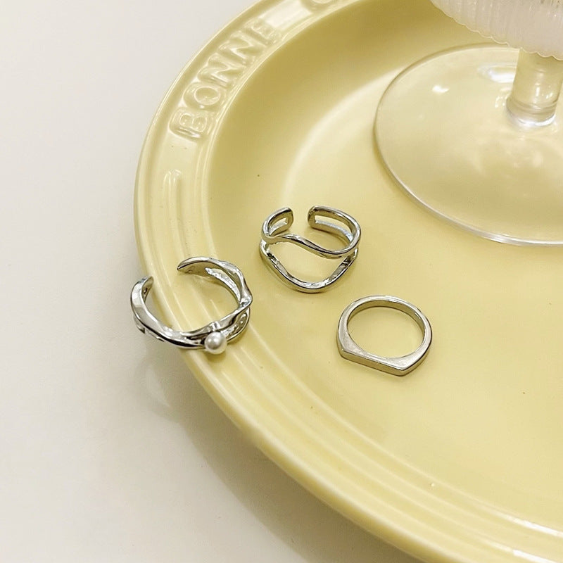 Geometric Style Pearl Three-piece Set Index Rings