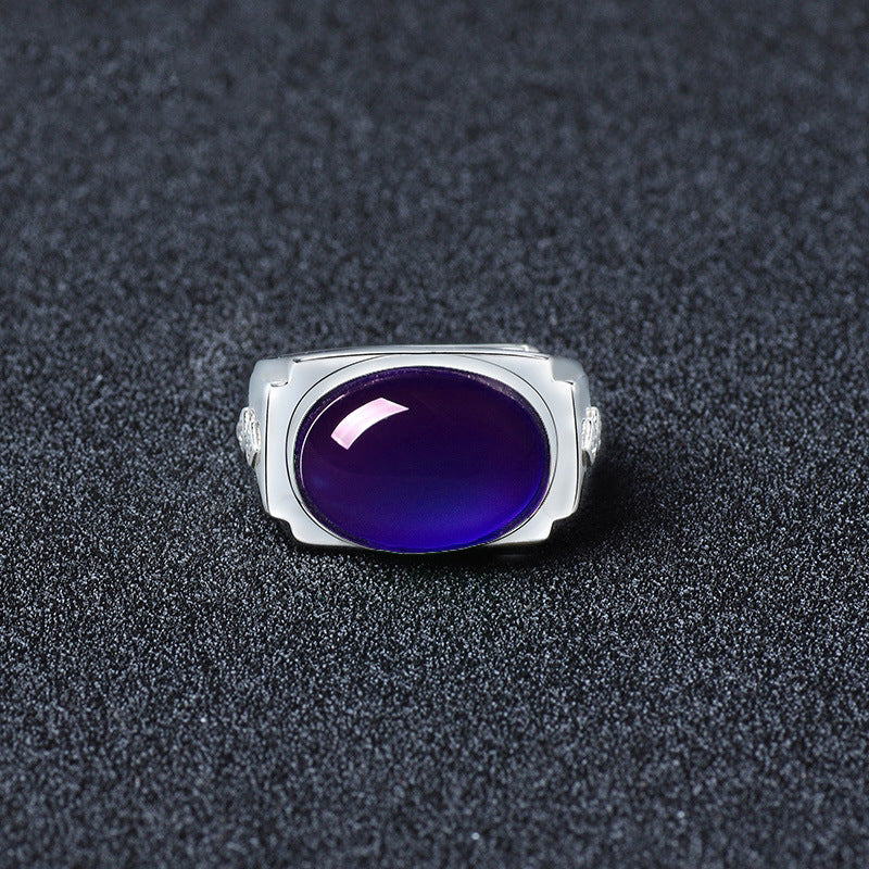 Men's Green Chalcedony High-grade Sense Open Agate Emerald Sier-plated Ring
