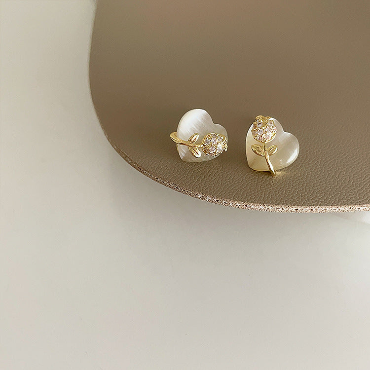 Zircon Flower Opal Love Heart Female Niche Design Simple Earrings