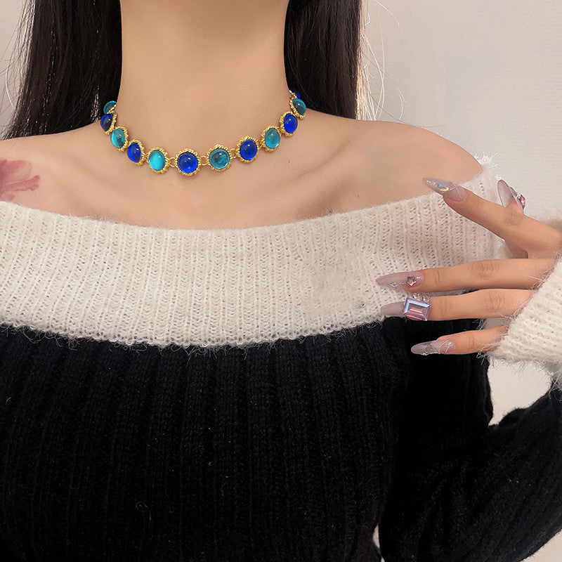 Women's Blue Retro Fashion Gem Light Luxury Necklaces