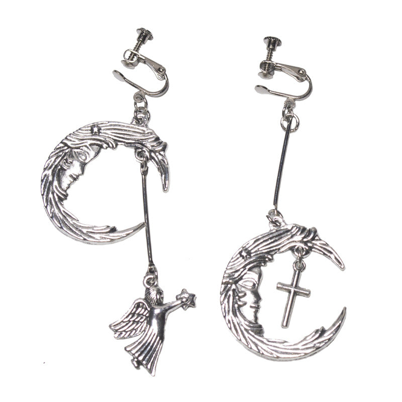 Trendy Retro Moon Cupid Angel Cross Earrings