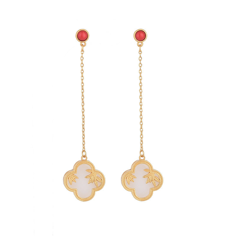 Women's Matching Sier Needle Jade South Red Earrings