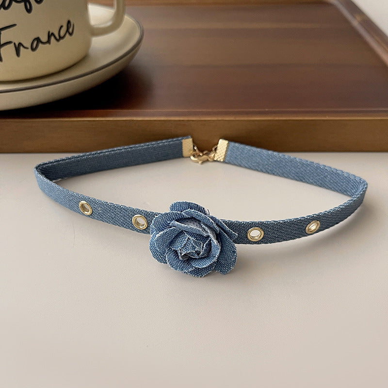 Colliers de clavicule en Denim à fleurs bleues pour femmes, niche douce et fraîche