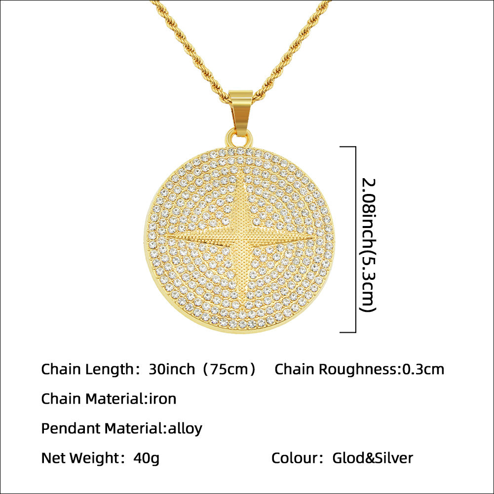 Cross Star Diamond Round Plate Pendant Long Necklaces