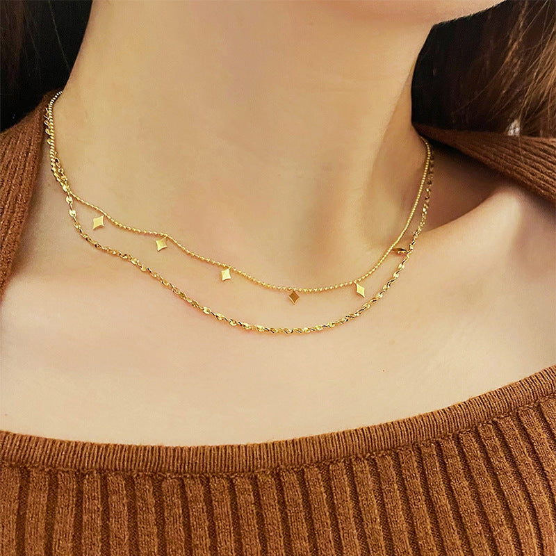Women's Sequins Petal Chain Gold Titanium Steel Double Layered Wear Light Necklaces