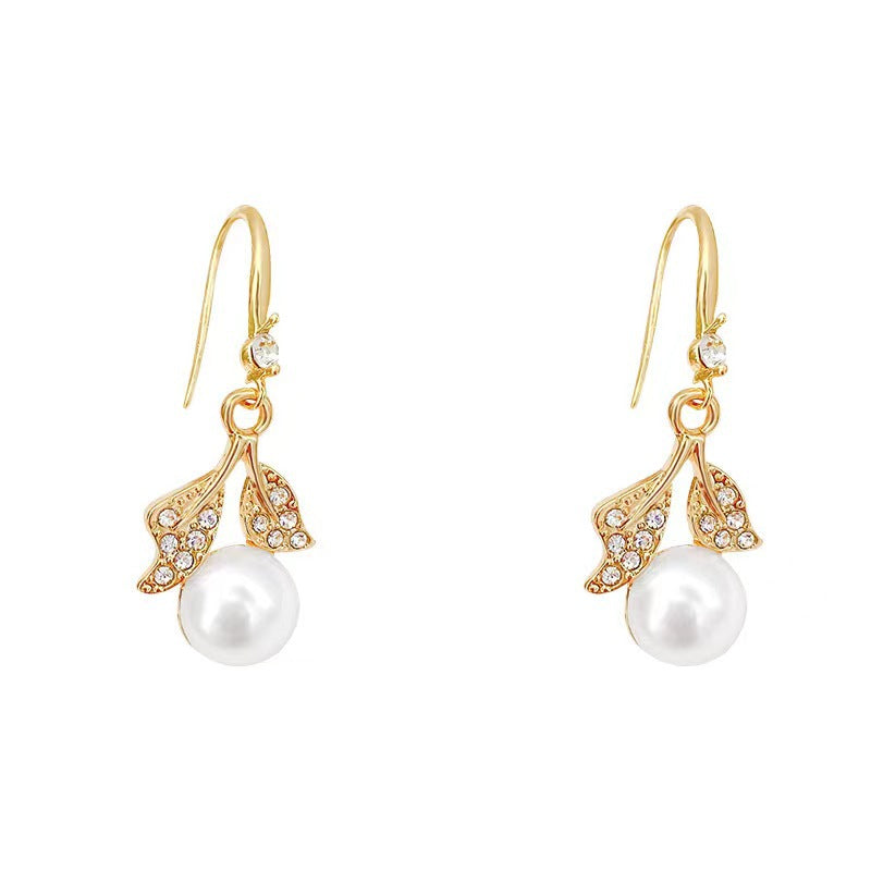 Luxury Full Diamond Leaf Pearl Ear Hook Fashion Dignified Earrings