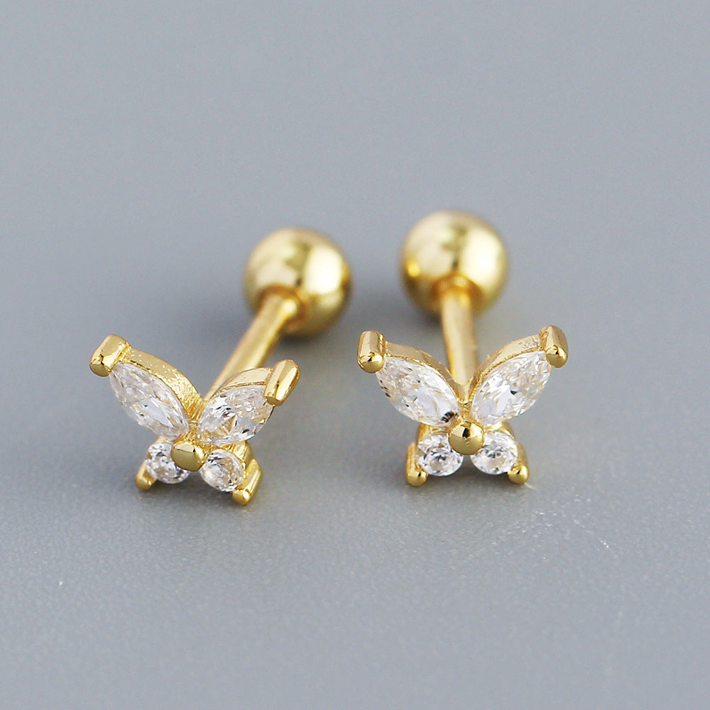 Women's Sier Super Flash Butterfly Zircon Screw Earrings