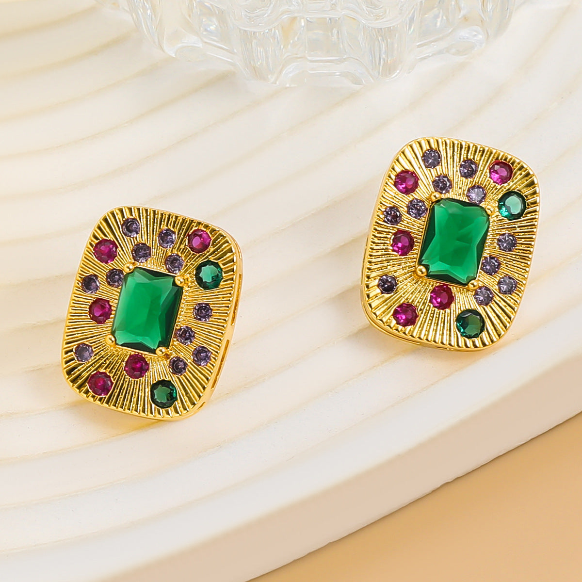 Women's Vintage Square Colorful Crystals Middle Ancient Earrings
