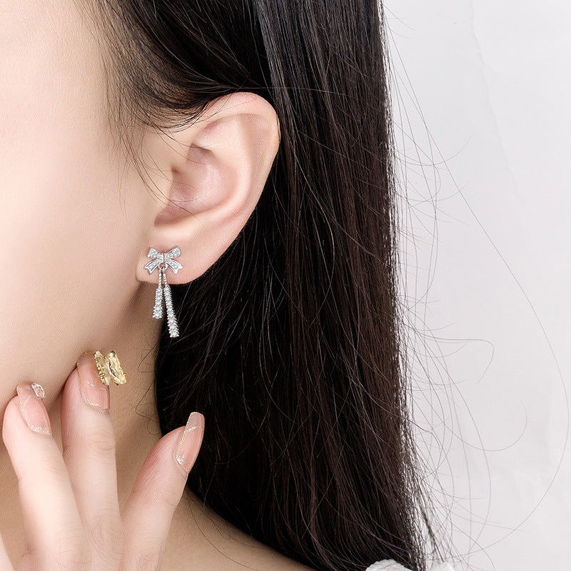 Sterling Sier Bow Ear Tassel Pure Earrings