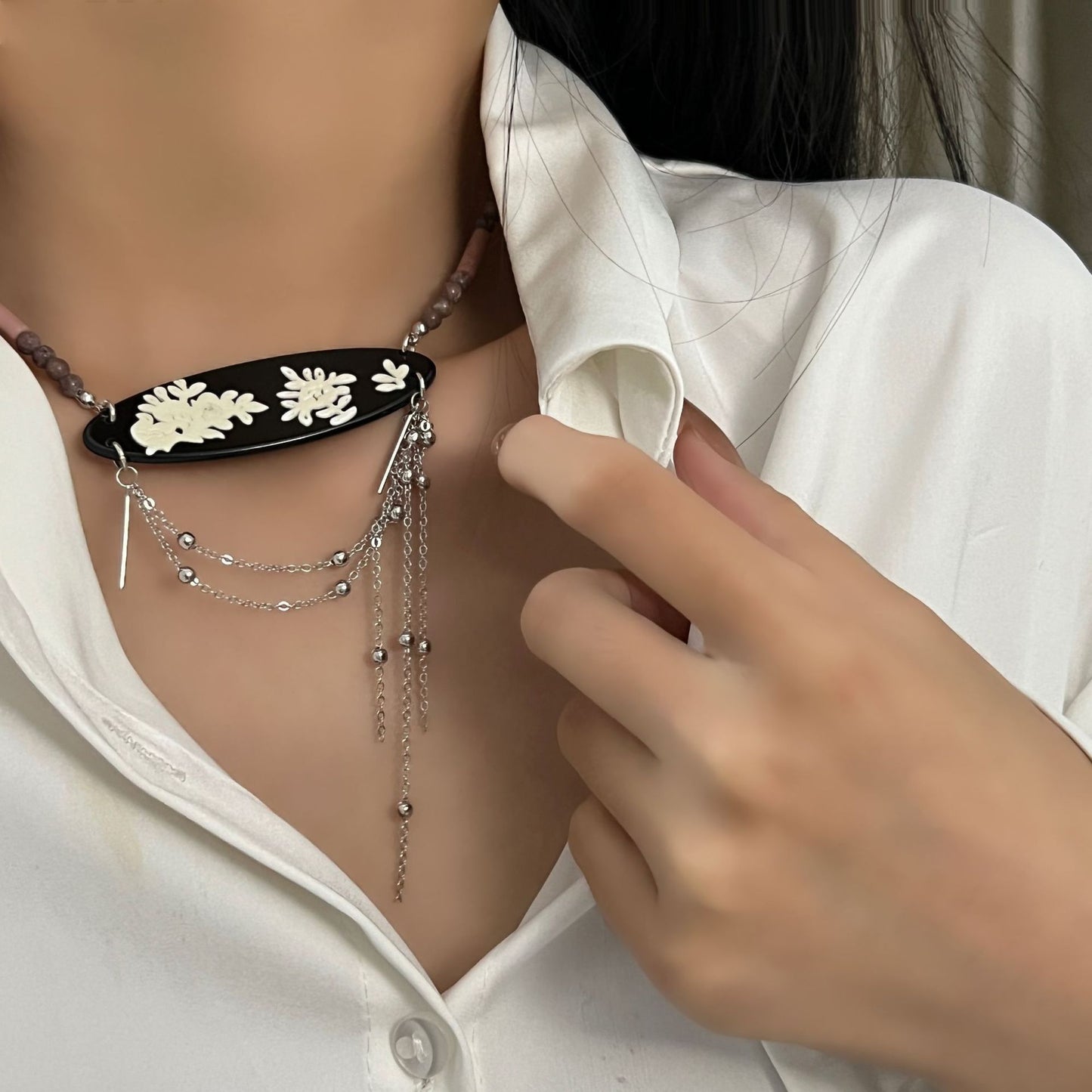 Story Chinese Style Stone Shell Tassel Chain Rings