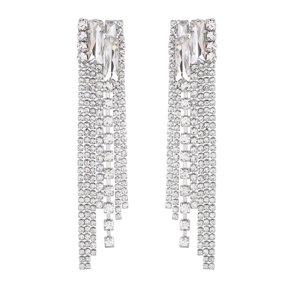 Women's Square Alloy Diamond Rhinestone Long Fringe Earrings