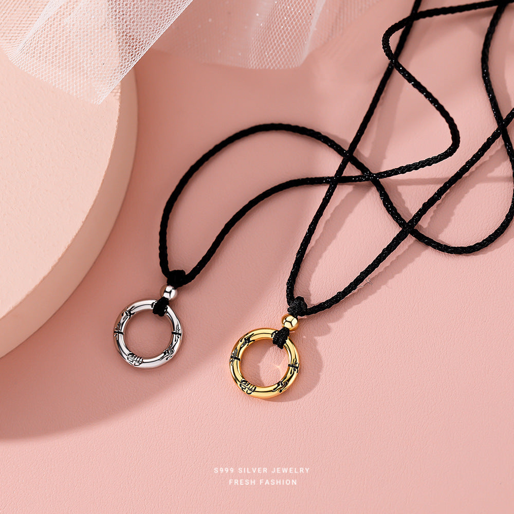 Women's Sier Woven Black Rope Ping An Necklaces